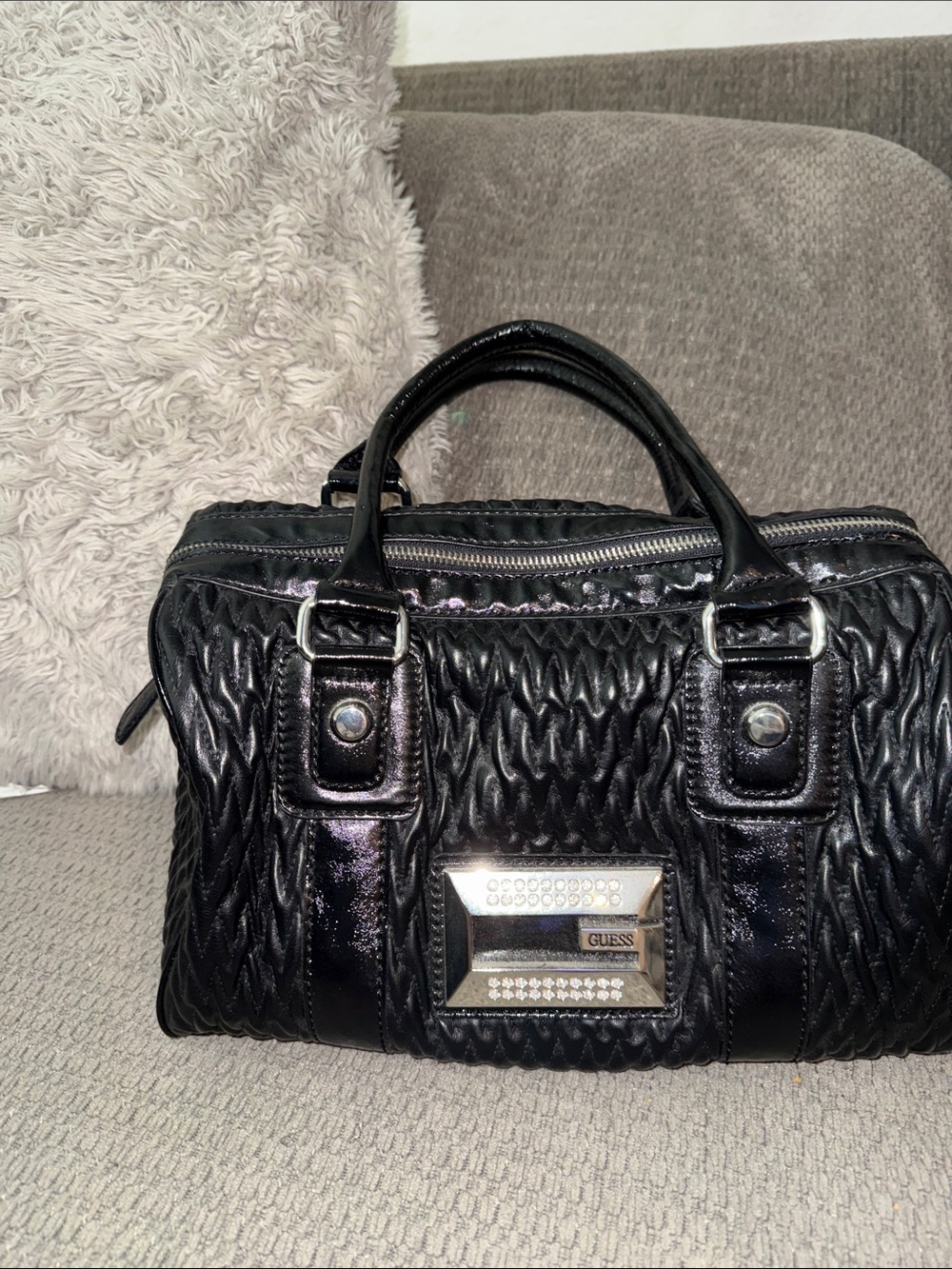 GUESS Black Quilted Patent Satchel with Silver Plaque